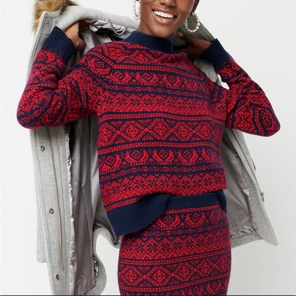J. Crew AF009 Red & Blue Cheerful Fair Isle Mock Neck Sweater Women’s Size XS - Picture 1 of 5